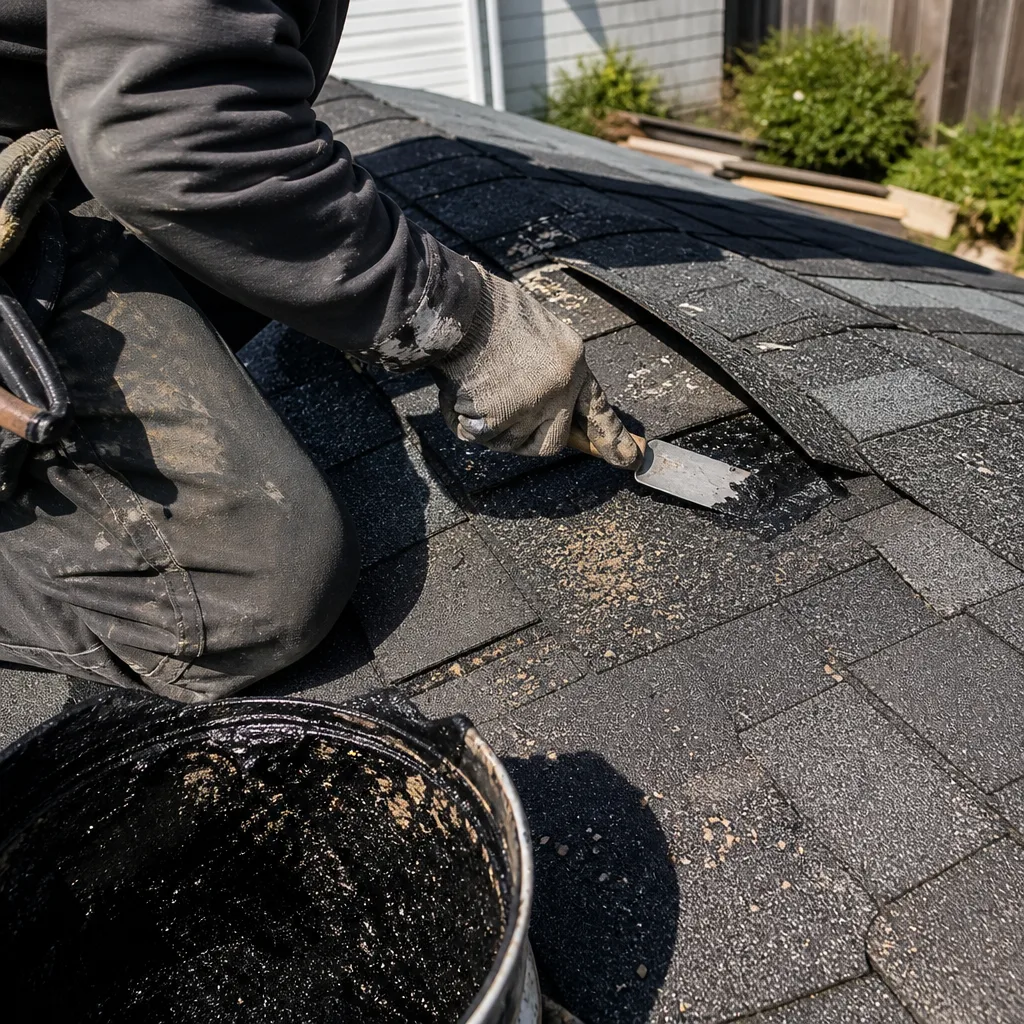 Roofing contractor applying sealant to repair shingles on a residential roof