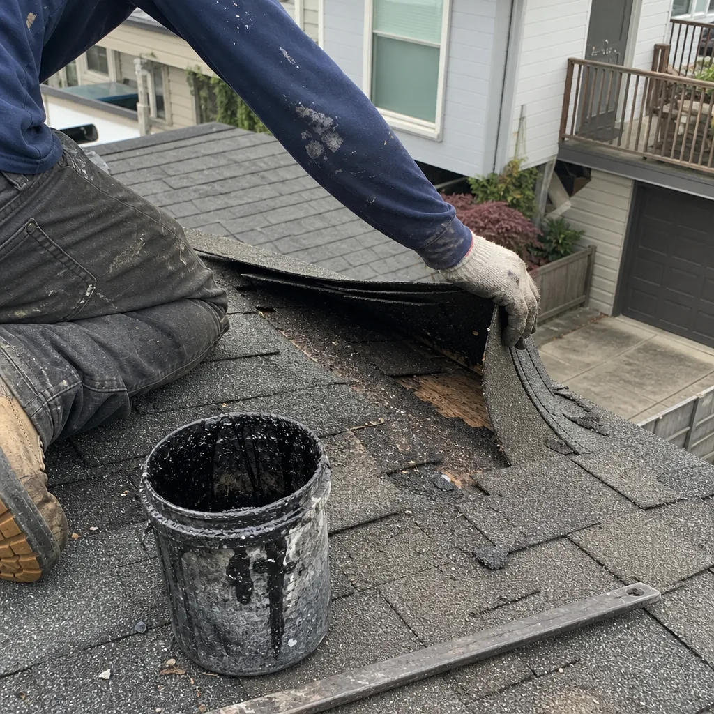 Roofing contractor applying asphalt sealant to repair damaged shingles on a roof