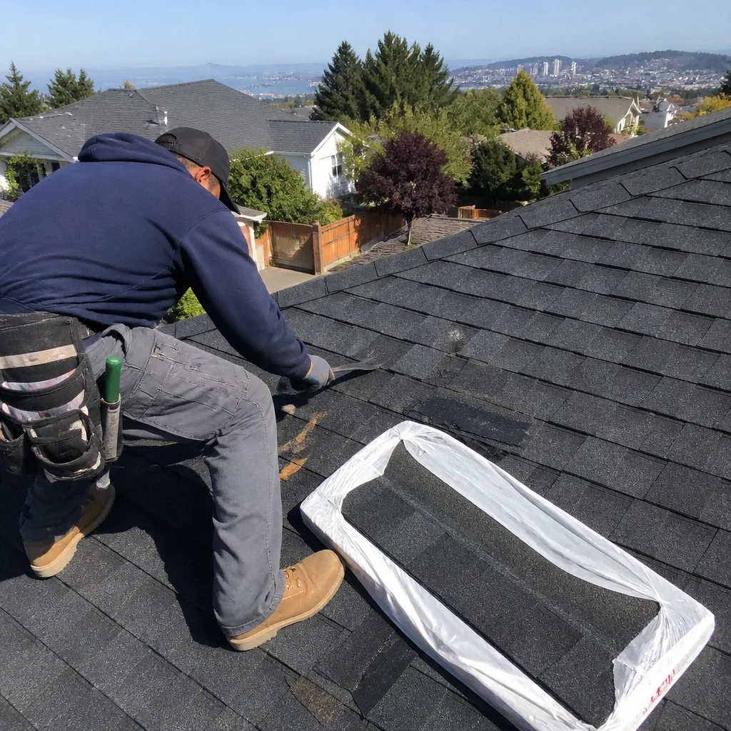 Professional roofer performing shingle roof repair with tools