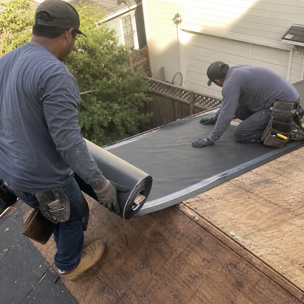 Two professional roofers installing waterproof underlayment during a roof replacement.