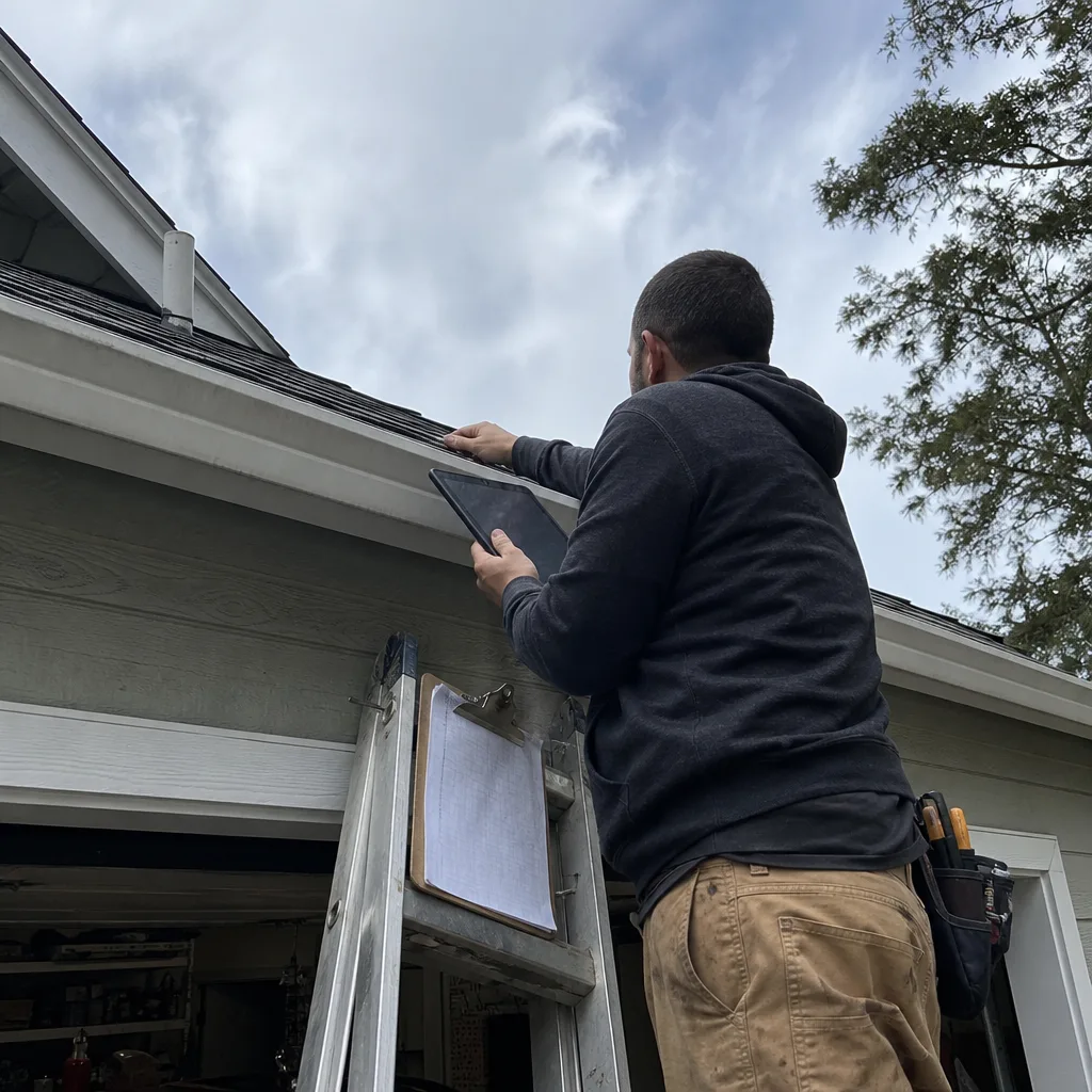 Roofing professional inspecting home gutters and shingles with a digital tablet