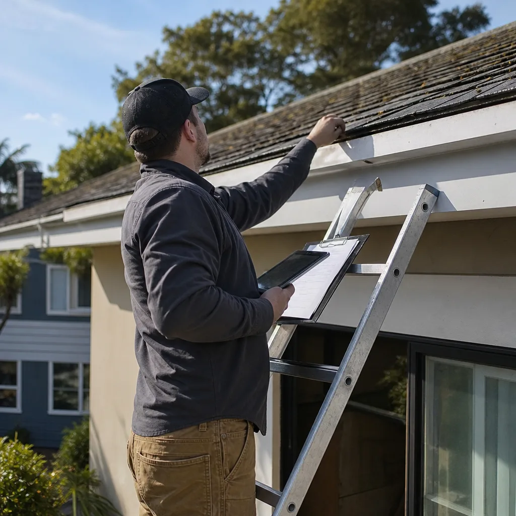 Roofing contractor inspecting house shingles with a clipboard and tablet on ladder